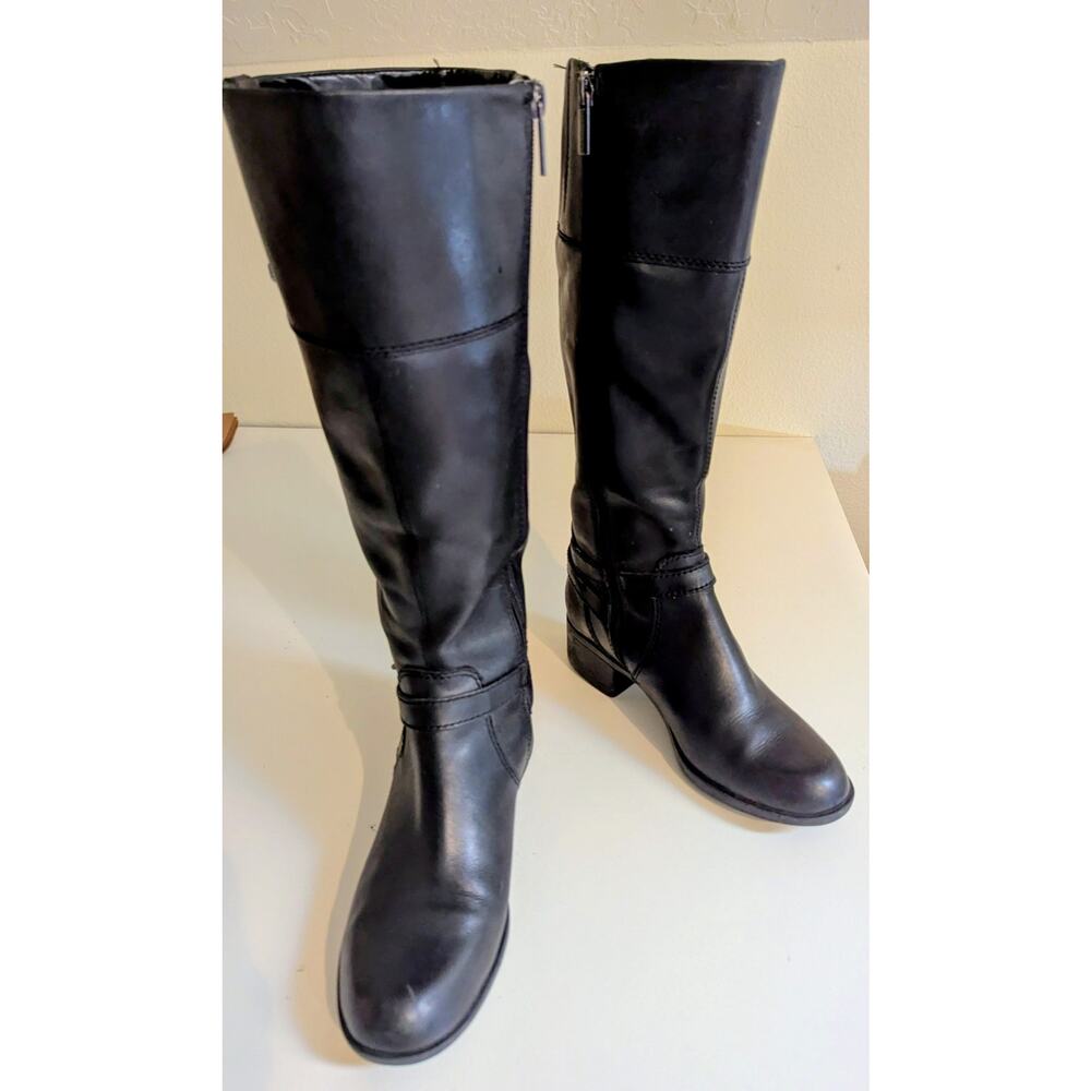 Bandolino Women's Black Tall Riding Boots Size 7.5 Knee High Buckle Zip Comfort